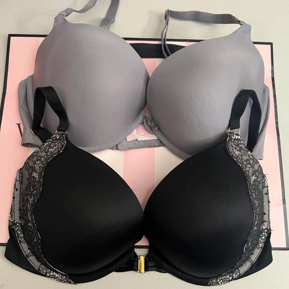 Victoria's Secret Other - Victoria’s Secret Elegant Black and Gray Lace Trim Bras 36DD